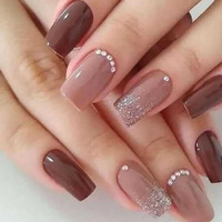 Emqueen Brown And Coffee Color With Glitter And Stone Stick-On False Nails L 24-Pcs Reusable Press-On Nails | Easy Glue | Long-Lasting Shine | Artificial Nail Extensions For Women & Girls