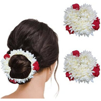 Temperia (2 Pcs) Scented Mogra Gajra Hair Accessories For Women & Girls - Hair Flower Bun Artificial Fake Gajra Scrunchies Rubber Band - Premium & Voluminous, Red Petals
