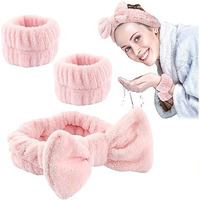 Maycreate Face Wash Headband & Wristband Set, Soft Stretchy Bowknot Headband For Women Girls, Flannel Super Absorbent Sweat Wrist Towel Band For Washing Face, Makeup, Yoga, Fitness (Pink)