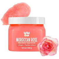 Wildoak Moroccan Rose Shea Butter Sugar Scrub | 300Gm | With Collagen & Peptides | Tan Removal | Lightens Dark Area - Neck & Elbows | Smoothen Bumpy Legs & Hands | Hydrating & Exfoliating Body Scrub