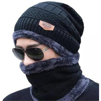 Brand Conquer Wool Beanie Cap & Muffler Set For Men & Women - Winter Woolen Headwear With Neck Warmer - Soft Black, Free Size