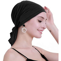 Palay Head Scarf For Women Cotton Elastic Chemo Caps Headwear Turban Beanie, Pre-Tied Slip On Cancer Cap Headwrap Headscarf - Black