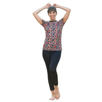 Rrovars Polyester Two Piece Women Swimwear Printed Swim Top With Plain Legging (Red; Xl)