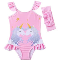 Snowie Soft Unicorn Swimming Costume For Kids, One-Piece Skin-Friendly Swim Suit For Kids Girls With Headband Cartoon Swimming Suit For Outdoor Seaside For 1-2 Years Old 80-90Cm Girls