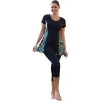 Rovars One Piece Three Fourth Leg Women Swimwear (Black Green, 2Xl)