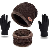 Huntsmans Era Winter Knit Beanie Cap Hat Neck Warmer Scarf And Woolen Gloves Set Skull Cap For Men Women/Winter Cap For Men (3 Piece) (Brown1)