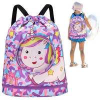 Proberos Drawstring Backpack Girls Waterproof Swimming Bags With Shoe Compartment Colorful Unicorn Print Polyester Drawstring Backpack Girls Travel Backpack Swimming Bag Activitiy Bag