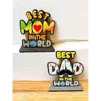 Warmingo De Best Mom & Dad In The World Wooden Trophy Combo | Best Gift For Mother Father Wedding Anniversary | Mothers Fathers Day Gift Multicolor (6 X 5.5 Inches Each)
