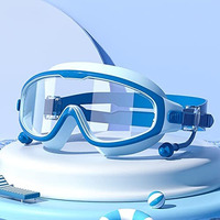 Wolpin Swimming Goggles With Ear Plugs For Kids & Free Protective Case Clear Lens Big Frame Competition Leakproof Swim Goggles With Uv And Anti Fog Protection, Blue (3-14 Yrs)