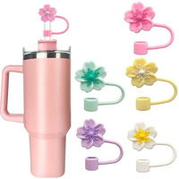 Hasthip 5Pcs Flower Silicone Straw Caps For Stanley 30&40 Oz Cups Accessories Cherry Blossom Straw Covers Universal 10Mm Straw Covers For Glass Straws, Dust-Proof Straw Caps For Water Bottle