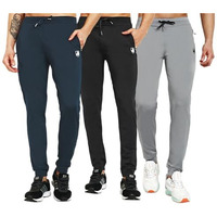 Rynogear Lycra Stretchable Track Pants Combo With Zipper Pockets (Pack Of 3), Men, Black, Airforce Green & Light Grey