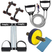 Surefit Exercise-Kit/Full Body Home Workout Equipment Set For Men & Women/Includes Tummy Trimmer Double Spring With Comfertable Foam Grip Handle, Resistance Bands, Push-Up Bar & Ab Roller (Black)