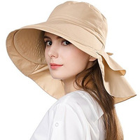 Palay Polyester Fashion Women Wide Brim Hat-Uv Protection Summer Sun Hat With Ponytail Hole Back Neck Flap Cover,Khaki, Free Size
