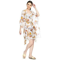 Mirchi Fashion Women's Faux Georgette Floral Printed Summer Beachwear Kaftan Coverup (Sk705A - White, Mustard)