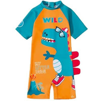 Kreshu One-Piece Baby Kids Swimwear Suit Set Zipper Bathing Half Sleeves Swimming Costume Wild Dinosaur Beach Wear Outdoor Water Sports Skating For Toddler Baby Girls Boys (Orange, 2-Years)