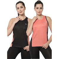 Uzarus Women's Dry Fit Workout Tank Top Sports Gym Regular Fit T-Shirt (Pack Of 2, L, Black, Peach)