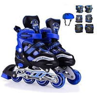Babafab Adjustable Inline Skates Skating Shoes For Boys Kids Girls Adjustable Roller Blades Large Size Age 9-15 Years Pu Strong 4 Wheels Aluminium With Led Flashing Lights (Blue With Safety)