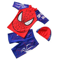 Patpat Swimming Costume For Boys, Upf 50+ Spiderman Print Swimsuit Set With Shirt, Swim Trunks & Swim Cap, Swim Suit For Kids Boys 7-10 Years Old