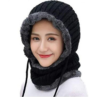 Alexvyan Beanie Warm Cap And Scarf Soft Snow And Air Proof Fleece Knitted Cap (Inside Fur) Woolen Beanie Winter Cap Combined Scarf For Girl Women Ladies (Black)