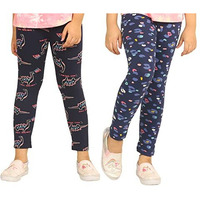 Real Basics Girls Cotton Printed Non-Transparent Regular Fit Ankle Length Leggings(Rb-G-Leg-P2-910-(Blueprint+Navyroar)_Multicolor_910 Years)