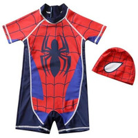 Snowie Soft Swim Suit For Kids Boys, Upf 50+Swimming Costume For Boys Cap Set Short Sleeve Spiderman Print Stretchy Multipurpose Wear For Swimming, Cycling, Aerobics For 5-6 Years Old