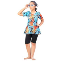 Aarika Girls Sports Wear Firozi-Black Colour Floral Print Nylon Swim Suit (5-15 Years)-(Sw-Shm-Ca-1115)