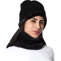 Weavers Villa Snow Proof Inside Fur Acro Wool Unisex Beanie Cap With Neck Warmer Set Knit Hat Thick Fleece Lined Winter Cap For Men & Women (Black), Free Size
