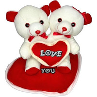 Dikang Cute Joint Couple Teddy Bear With Heart For Valentine's Day Gift | Valentine Gift For Boyfriend/Girlfriend/Husband/Wife - 30Cm (Off- White & Red)