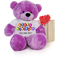 Hug 'N' Feel Soft Toys Big Teddy Bear Wearing Happy Birthday With Your Name T-Shirt 5 Feet Purple_T Shirt_Happy Birthday With Your Name Plush & Stuffed Toys