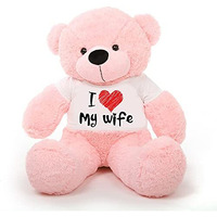 Hug 'N' Feel Soft Toys Big Teddy Bear 3 Feet Long Wearing A I Love My Wife T-Shirt Plush & Stuffed Toys (Bear 121 Cm) With Free Heart Shape Pillow Pink