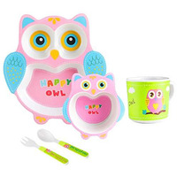 Earthism Eco-Friendly Bamboo Fibre Kids 5 Pc Dinner Set - Curious Owl, Pink