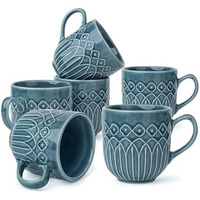 Shay Ceramic Coffee Mug Set, Set Of 6, 330Ml, Blue Grey Carving | Medium Mug | Glossy Finish | Porcelain Coffee Cup Set | Microwave Safe (Carving Milk Mug, Blue Grey, Set Of 6)
