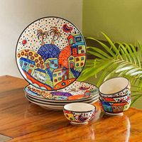 Exclusivelane 'Hut Dining' Handpainted Ceramic Dinner Set Ceramic Plates For Dinner Plates With Ceramic Bowls Katoris (8 Pieces, Serving For 4, Dishwasher & Microwave Safe) - Dinnerware Sets,Floral