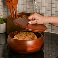 Brick Brown Handcrafted Premium Mahogany Finish Roti Casserole For Kitchen | Round Hot Pot, Roti Dabba With Lid | Casserole, 8.8X8.8X4.3 Inch,Brown,1640 Ml,Wood