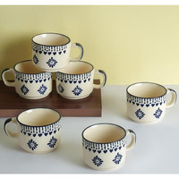 Classyo Ceramic Tea Cup Set Of 6 For Tea, Microwave And Dishwasher Safe, Capacity - 220Ml Each (Blue Floral)