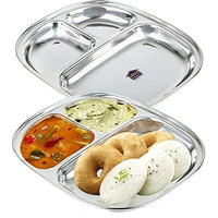 Urban Kraft 3In1 Stainless Steel Plates With Compartments/Small Tiffin Plates Set Of 2/ Idli Sambhar Plates/Partition Plates/Breakfast Plate/Steel Plates For Lunch/Dinner (Pack Of 2)