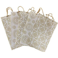 Paper Creative Art White & Gold Medium Size Papper Gift Bag For Shopping Bag, Return Gift Bag, Party Bag, Carry Bag(Pack Of 10)