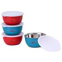 Homeish Microwave Safe Stainless Steel Plastic Coated Bowl With Lids For Re-Heating, Curries, Mixing, Storage Container (Small Size, Red & Turquoise, 4 X 14Cms Each, Approx. 500 Ml Each)
