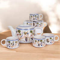 Craf10 Botanic Gold Ceramic Tea Set - 1 Kettle (900 Ml) & 6 Cups (180 Ml), Microwave & Dishwasher Safe