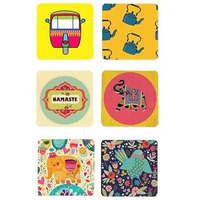 Tajnan Indian Art Printed Coaster Set Of 6 Beautiful Wooden Coasters With Plastic Coating Proper Coaster Stand Designer Coaster Set Fit For Tea Cups,Coffee Mugs & Glasses (Square&Designer 4X4 Inch)