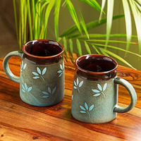 Exclusivelane 'Leaf Sips' Ceramic Tea Cups And Ceramic Coffee Mugs Set Of 2 (400 Ml, Microwave & Dishwasher Safe) |Handcarved Tea Mugs Ceramic Mugs For Coffee Milk Mug Coffee Cup Drinkware