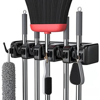 Kienlix Plastic Mop And Broom Holder Wall Mount Hanging Shelves, Heavy Duty Broom Holder Wall Mounted Or Tool Organizer For Home Garden Garage And Storage (5 Positions With 6 Hooks) (Black)
