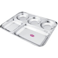 Sharda Metals Stainless Steel Rectangular Compartment Thali With 5 In 1 Divided Partition, Mess, Bhojan, Lunch & Dinner Plates - 13 X 10 Inches