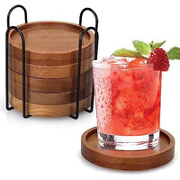 6 Pcs Best Wooden Coasters With Holder Coffee Table Decor Acacia Wood Coaster Set Modern Cup Coaster For Drink Home Dining Table Kitchen Accessories Cute Beer Bar Decorative Rustic Outdoor Coasters