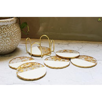 Monstera Hut  Round Pearl White Transy Resin Coaster|(10 Cm) | 4 Inch |Set Of 6 | Resin Coaster For Tea, Coffee Table & Dining Table With Metal Holder