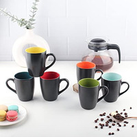 Anwaliya Matte Black Finish Ceramic Coffee Mug Set Of 6 (280Ml) Handcrafted Design Tea Cups Stackable, Chip Resistant, Large Serving Green Tea Cups, Multicolor Inside (Inner Color May Vary)