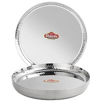 Sharda Metals Stainless Steel Hammered Thali Set Of 6, Heavy Gauge Mirror Finish Royal Mathar Dinner, Lunch Plate, Food Grade Serving Plates  33 Cm Diameter
