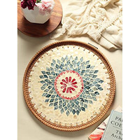 Habere India-All The Cultures Fabricating India Decorative Tray | Multipurpose Trays | Wooden Tray | Wooden Tray For Decoration | Rattan Round Serving Tray - Multi, Small (30X30X4 Cm)