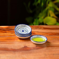 Exclusivelane Ceramic Indigo Chevron Handpainted Bowl Chutney Bowl - 25 Ml, Set Of 4, Indigo Blue And White