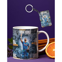 Thewhoop Printed Virat Kohli White Ceramic Coffee Mug (350Ml) With Wooden Key-Chain Pack Of 2 Gift For Virat Kohli Fans & Cricket Lovers (Virat - All Records)